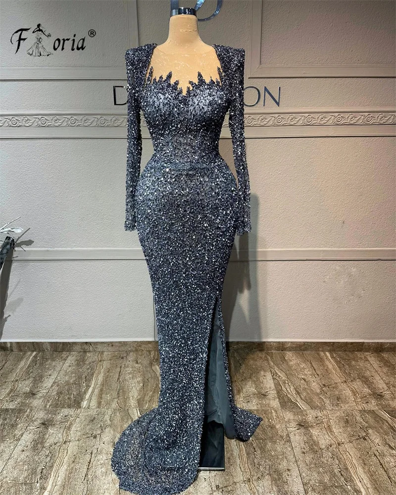 

Sparkly Sequin Beads Dubai Prom Dresses Gray Arabic Women Wedding Event Dress Long Sleeve Mermaid Formal Evening Party Gowns