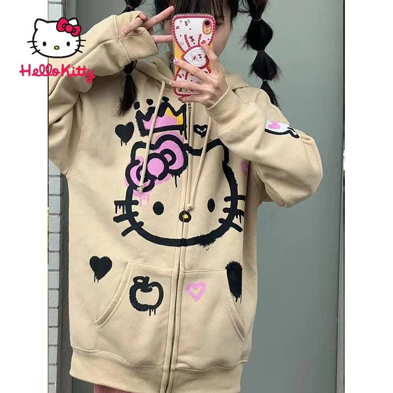 

New Sanrio Hello Kitty Hoodies Cartoon Women Y2k Preppy Style Sweatshirts Female Korean Sweet Cute Loose Girl Zipper Cardigan