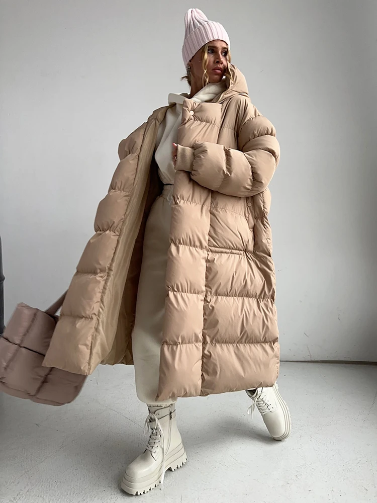 

2023 Winter Women Knee Length Cotton Parka Loose Casual Style Outerwear Warm And Thick Hidden Buckle Long Hood Coat