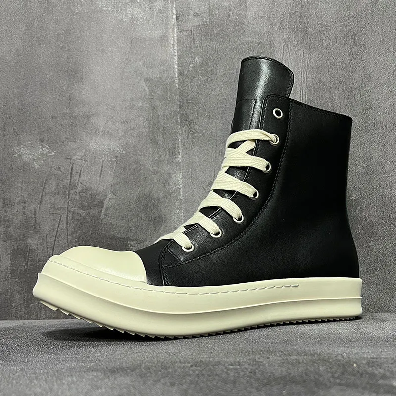 

Rice White Qvah Owens High Top Shoes Men Women Casual Platform Sneakers Leather Luxury Trainers Lace Up Zip Autumn Black Boots