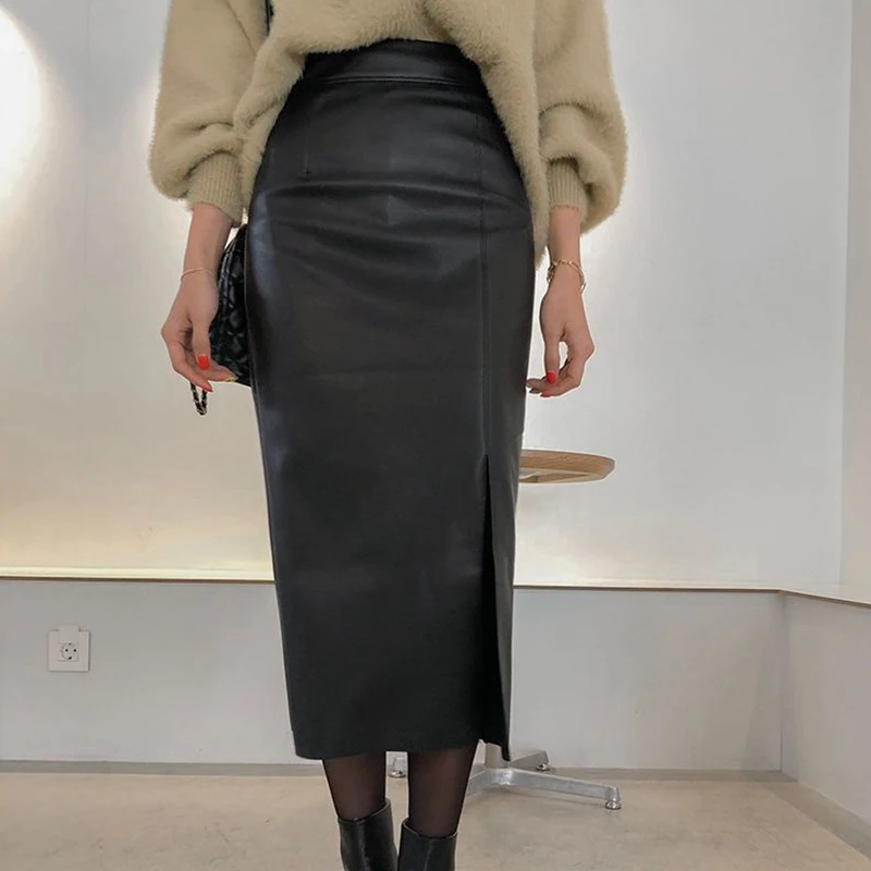 

Black Pu Faxu Leather Women Wrap Skirts Side Slit High Waist Sexy Slim Bodycon Sheath Office Lady Front Split Pencil Skirts