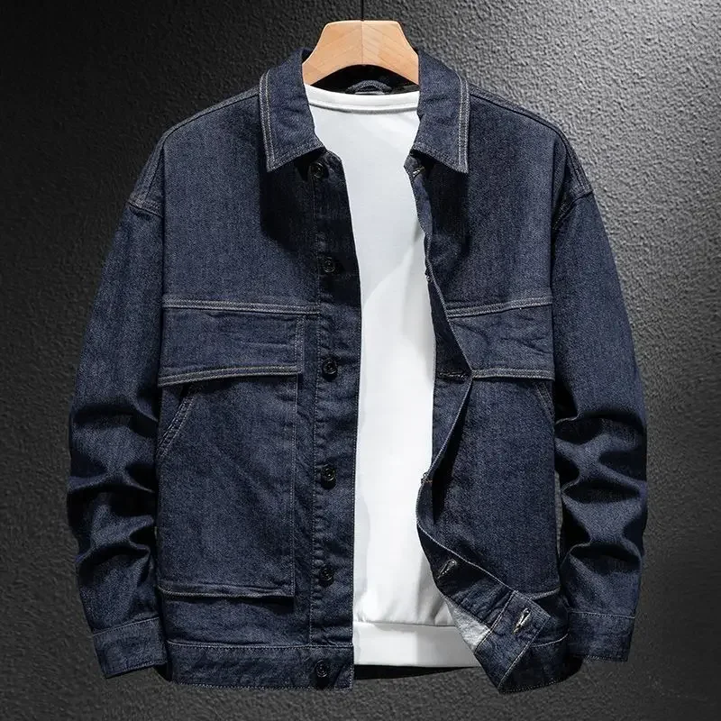 

Autumn Men's Denim Jacket Biker Button Male Jean Coats Gray Motorcycle Cargo Trendy Menswear Fast Delvery One Piece Size L Y2k G