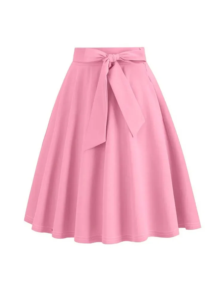 

Retro Vintage Midi Long Skirt Women Solid Elegant High Waist A Line 50s Swing Skirts Hepburn Style Lace Up Black Red Pink Faldas