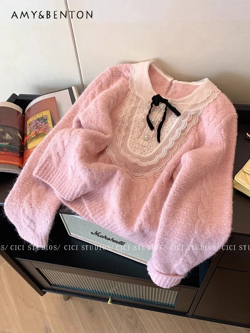 

Preppy Style Pink Lace Stitching Peter Pan Collar Sweater Women Spring New Sweet Bowknot Knitted Pullover Gentle Sueter Mujer