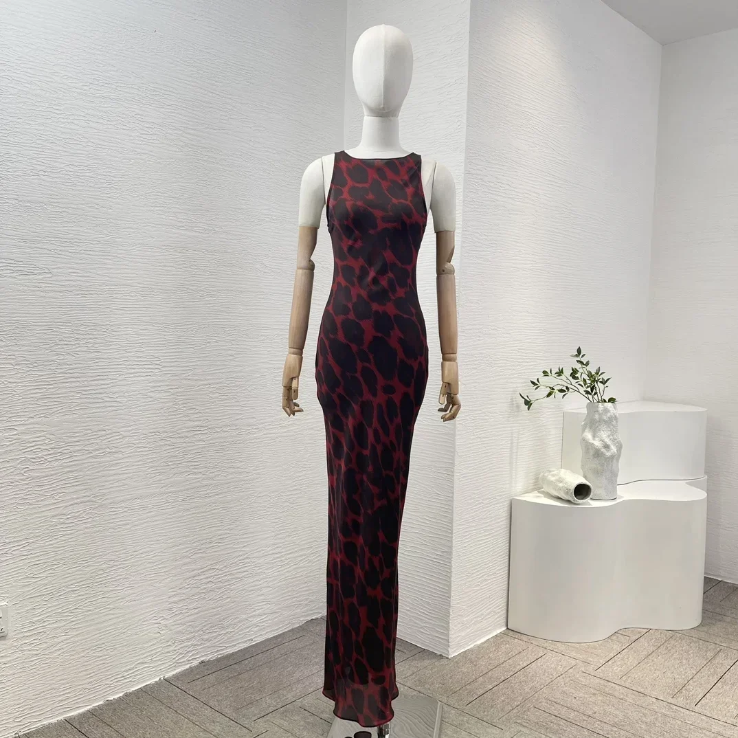 

Женское длинное леопардовое платье-русалка, красное шелковое вечернее платье миди без рукавов, новинка 2024