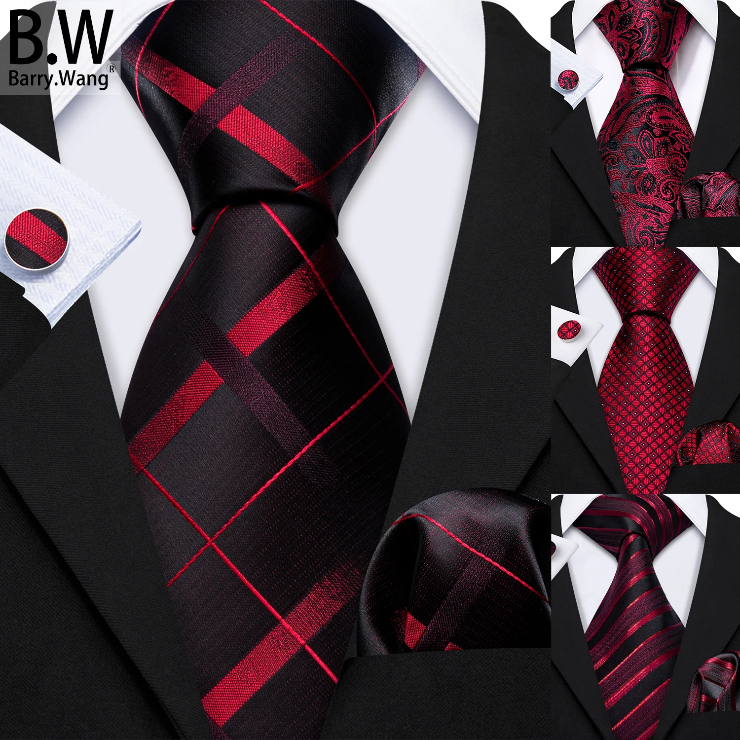 

Barry.Wang Red and Black Silk Men's Tie Pocket Square Cufflinks Set Jacquard Plaid Paisley Floral Necktie Male Wedding Business