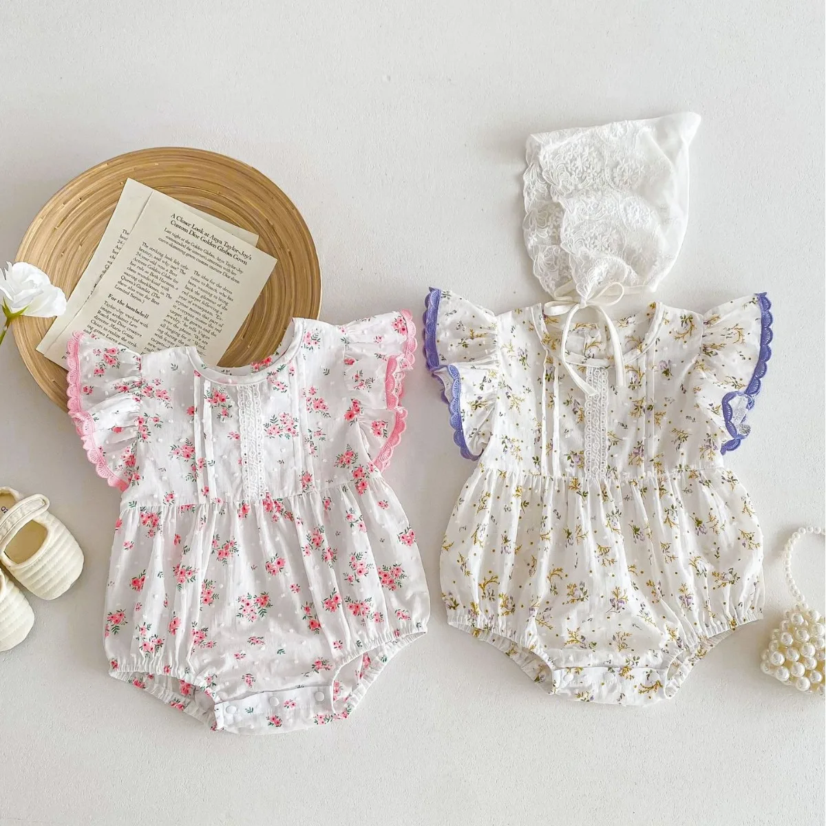 

Baby Girls Floral Printed Clothes Baby Pure Cotton Jumpsuit Toddler Flying Sleeve Princess Crawling Clothes Summer Sweet Outfits