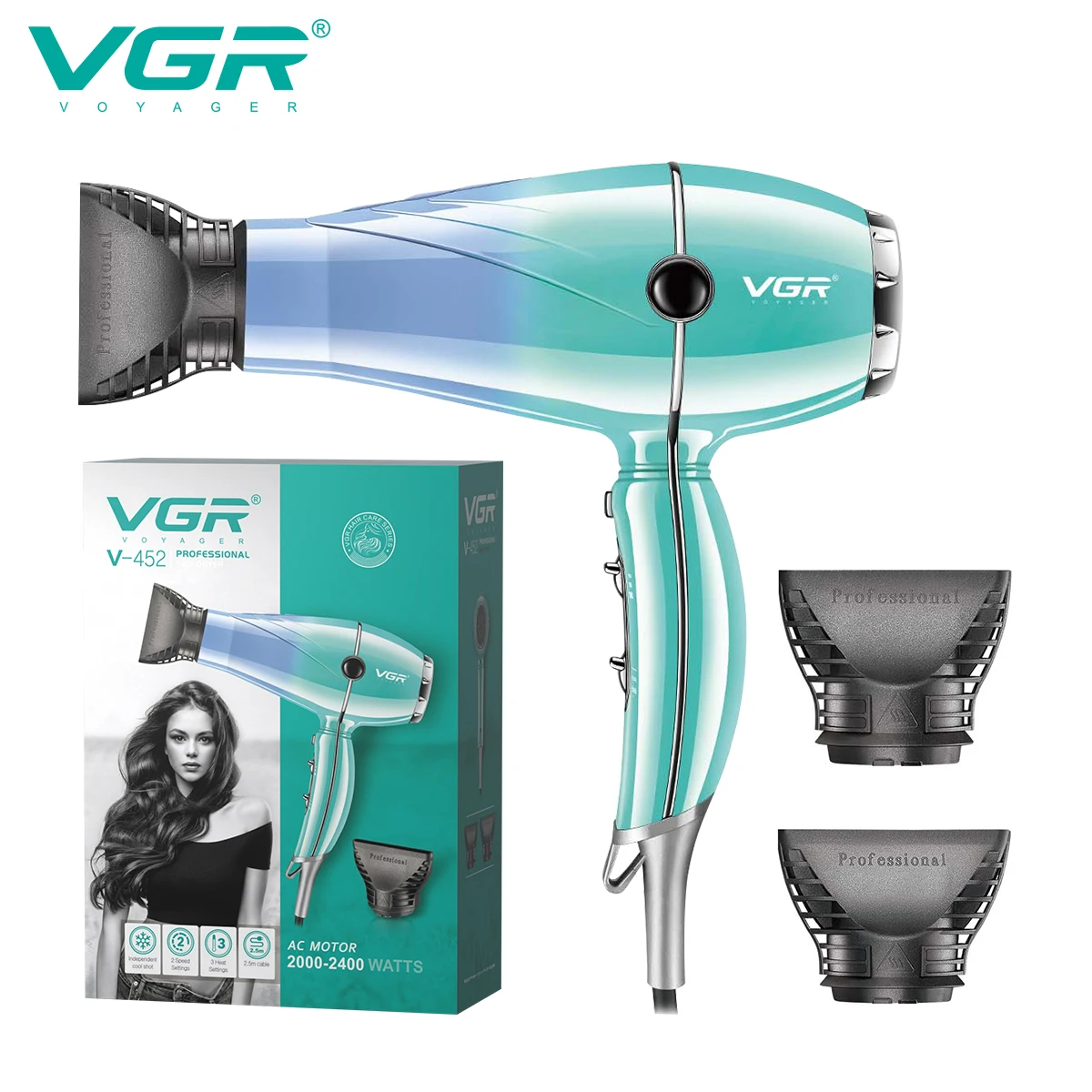 

VGR Hair Dryer Professional Blow Drier Negative Ion Hair Dryer Machine Hot and Cold Adjustment Wired Chaison Hair Dryer V-452