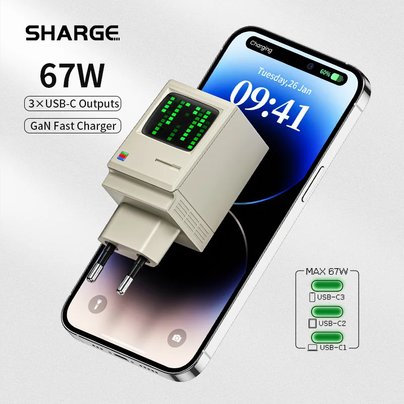 

SHARGE 67W GaN Charger 3-Port USB C Quick Charge 3.0 PD USB Charger for Macbook iPhone 15 EU/US/UK Plug