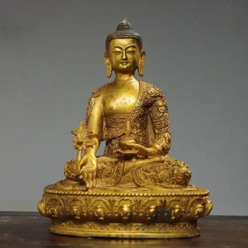 

8.7" Old Antique Tibetan Buddhism Temple Bronze 24k gilt Medicine Buddha statue