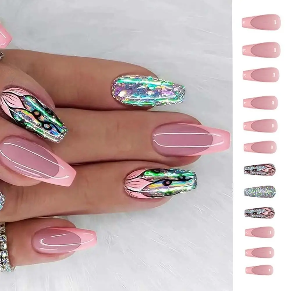 

Long Ballerina False Nails Fashion Sparkling Lotus French Press on Nails Full Cover Detachable Fake Nails Women Girls