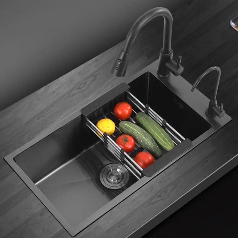

Black 304 Stainless Steel Kitchen Sink Single Bowl Undermount/Drop-In Washing Basin For with Drainage Faucet Accessories
