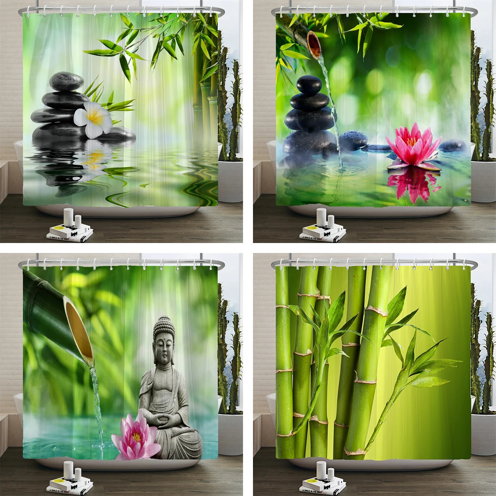 

Zen Shower Curtain Bathroom Decoration 3D Bamboo Running Water Green Bamboo Buddha Shower Curtains Waterproof Washable Screen