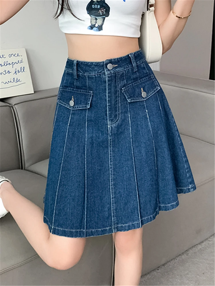 High Waist Pockets Women's Denim Midi Pleated Skirts Spring Summer Blue Vintage A-line Jeans Skirt Female 2023 New
High Waist Pockets Women's Denim Midi Pleated Skirts Spring Summer Blue Vintage A-line Jeans Skirt Female 2023 New
