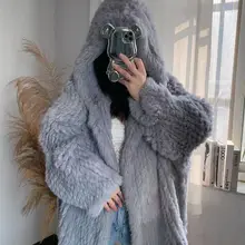 Autumn Winter Rabbit Fur Knitted Genuine Real Fur Coat Women Fashion 70cm Lenght Fur Jacket Fashion Outerwear 70cm Length Long
