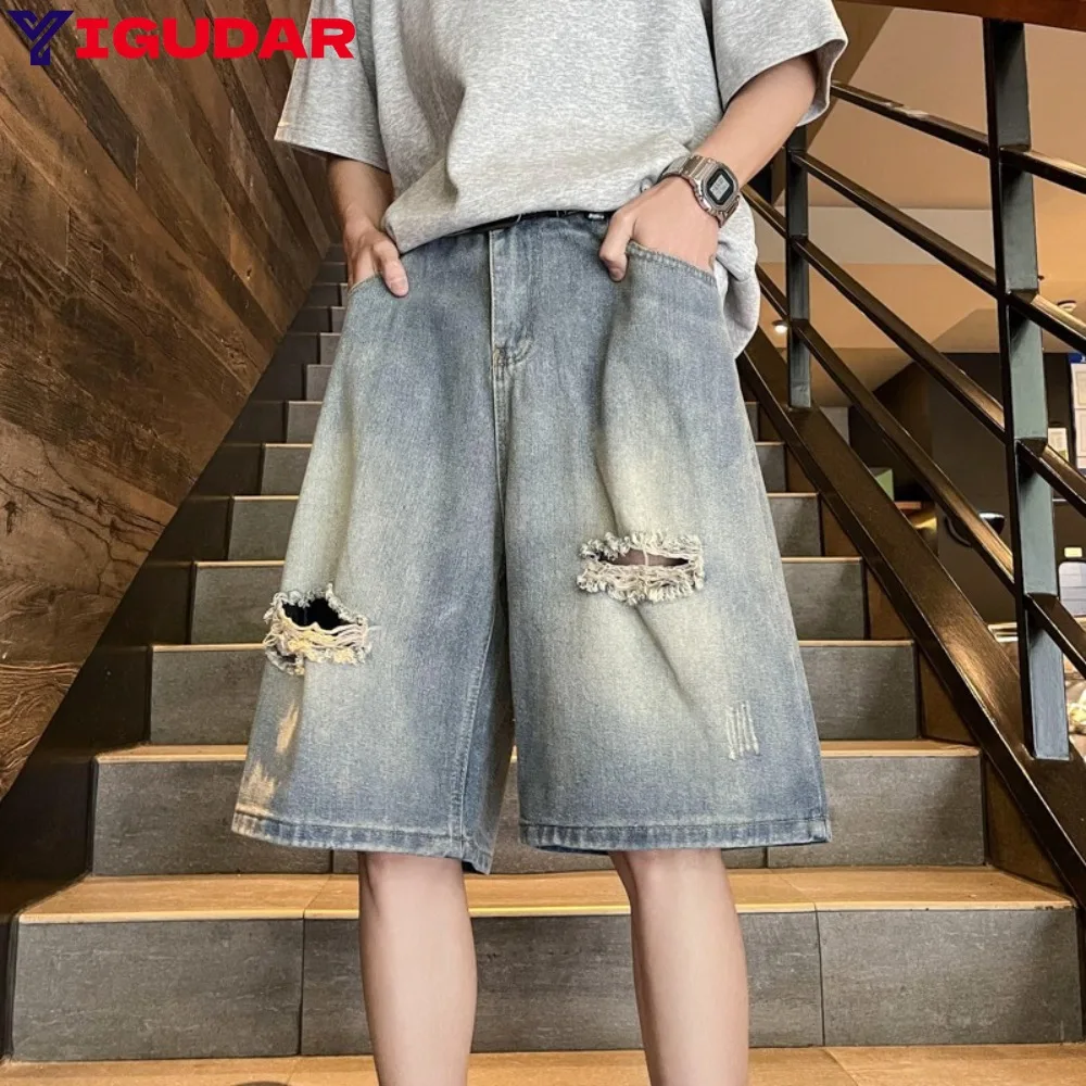 

Шорты мужские тонкие из денима, модные мешковатые прямые джинсовые короткие брюки с эластичным поясом, уличная одежда в Корейском стиле на лето