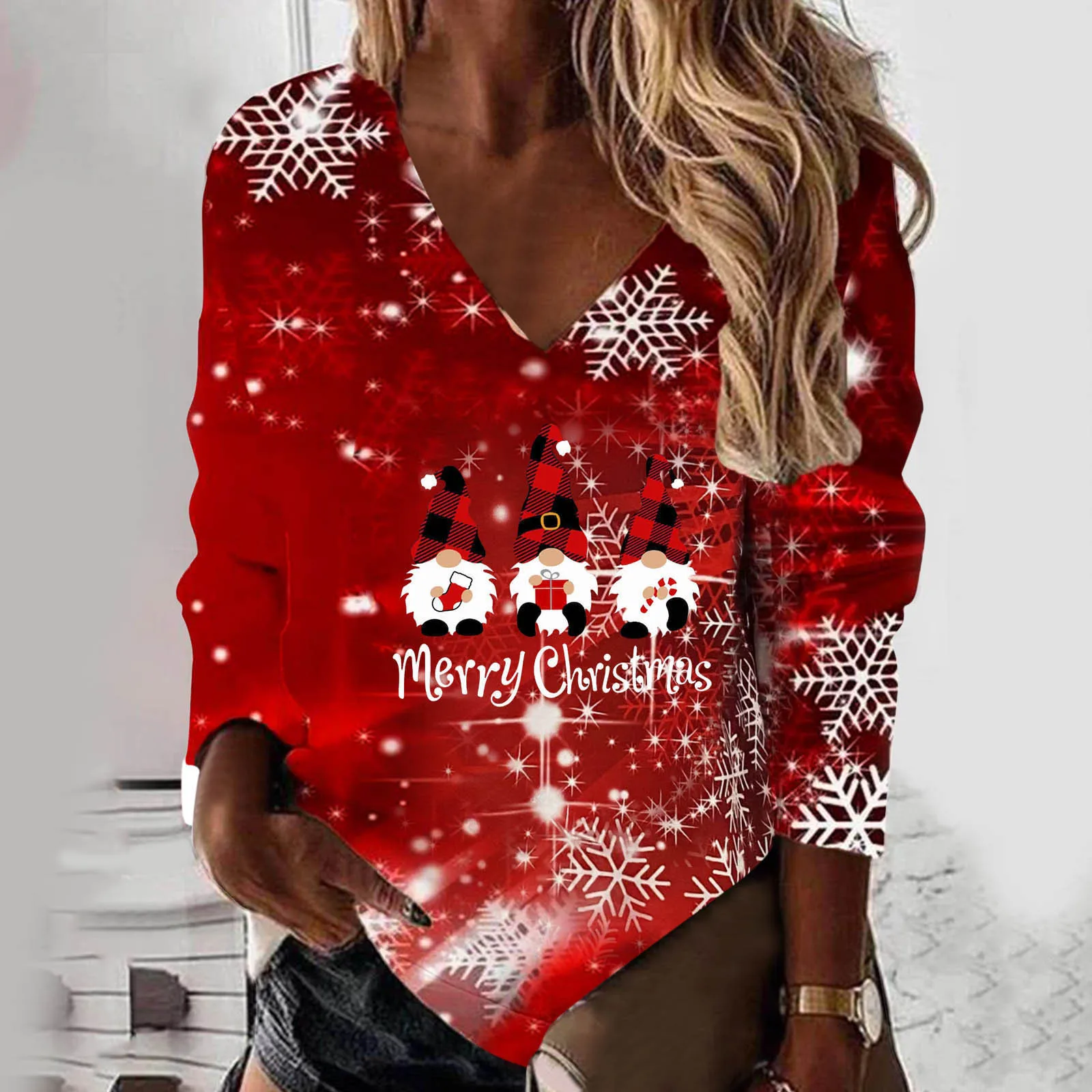 

Women Christmas Sweatshirt Snowflake Deer Head Dwarf Santa Cup Snowman Print Sweatshirt Top Woman Clothing Sudaderas Pull Femme