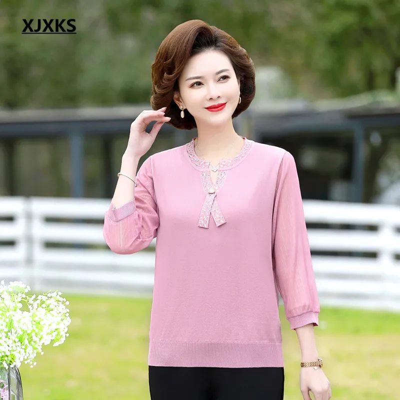 

XJXKS Fashion Three-quarter Sleeve Women's Top 2022 Spring Summer Autumn New Loose Oversized Knit Stitching Chiffon Thin Sweater