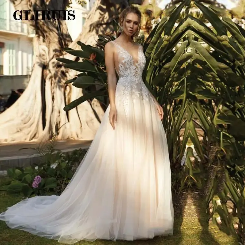 

Champagne Wedding Dresses 2022 V-Neck Appliques Lace Tulle Backless Vintage Boho Bridal Gowns vestidos de novia