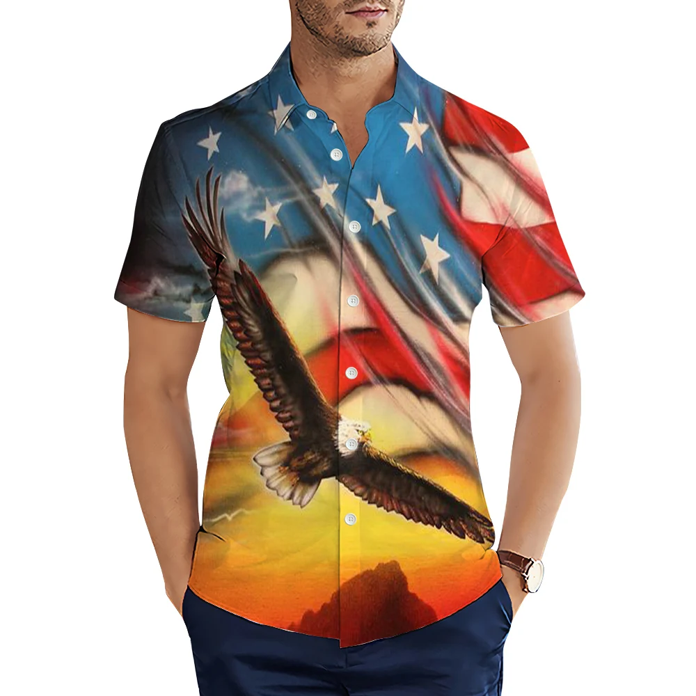 

HXAmerican Flag Men's Shirts Independence Day Eagle 3D Printed Casual Shirt Short Sleeve Shirts Streetwear Men Clothing