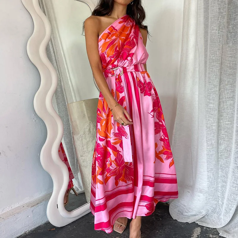 Elegant Pattern Print Pleated Long Dress Women Sexy Diagonal Collar Bohe Party Dress Casual Sleeveless Belt Lace-up Waist Dress
Elegant Pattern Print Pleated Long Dress Women Sexy Diagonal Collar Bohe Party Dress Casual Sleeveless Belt Lace-up Waist Dress