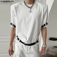 INCERUN Tops 2023 Korean Style New Mens Belt Design Solid O-Neck T-shirts Casual Streetwear Cropped Short Sleeved Camiseta S-5XL
