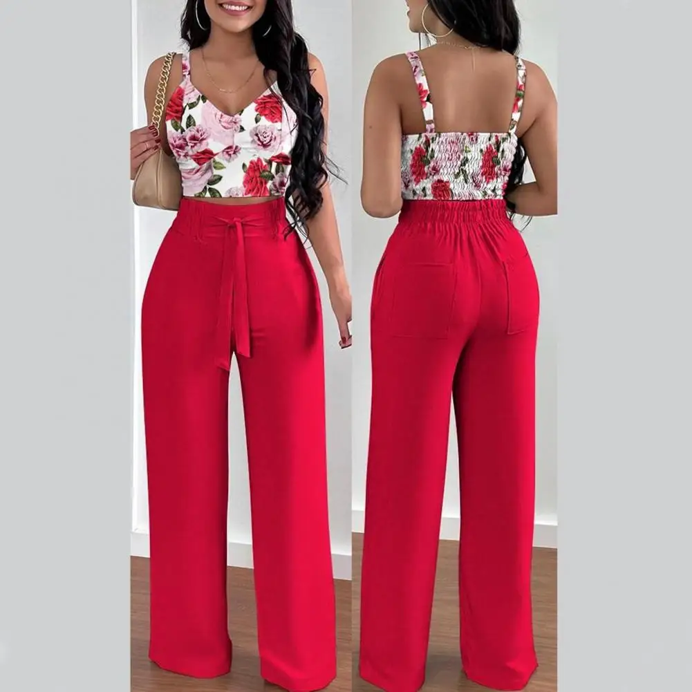Women Sexy Summer Two-piece Set Floral Print V-neck Cropped Camisole Lace-up Elastic Waist Pockets High Waist Wide Leg Pants
Women Sexy Summer Two-piece Set Floral Print V-neck Cropped Camisole Lace-up Elastic Waist Pockets High Waist Wide Leg Pants