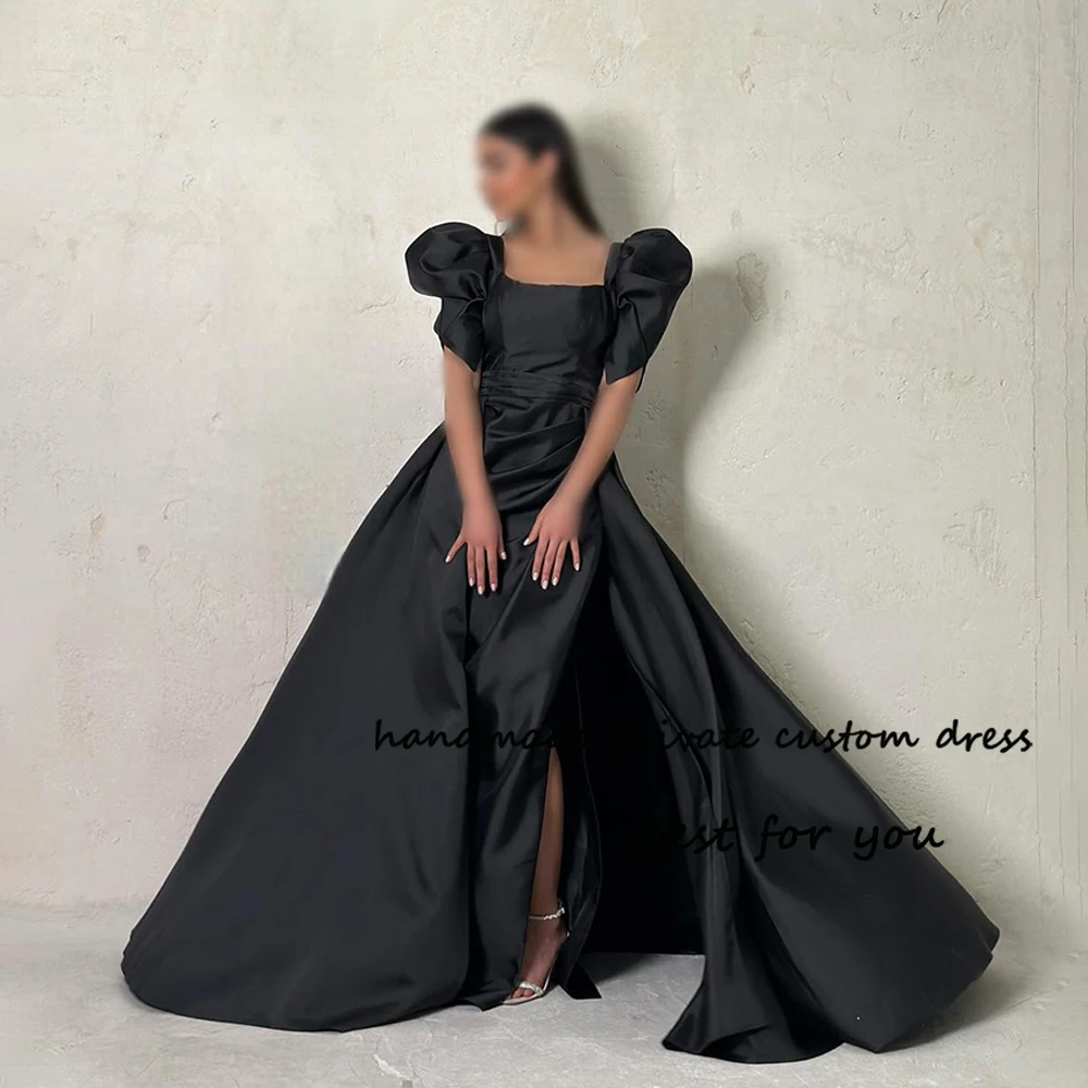 

Black Mermaid Evening Dresses Short Sleeve Square Neck Prom Party Dress with Slit Train Long Arabian Dubai Formal Gowns