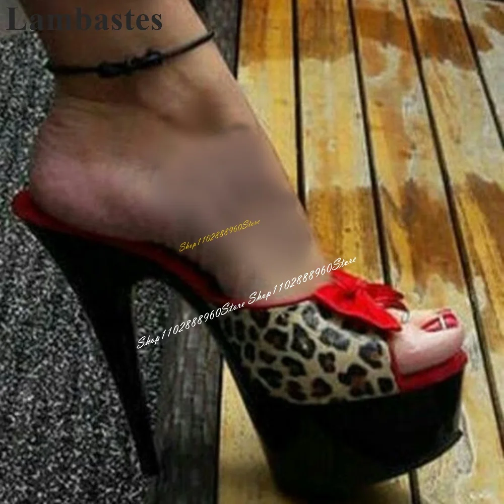 

Leopard Print Bowknot Decor Platform Slippers Thin High Heel Women Shoes Slip On Open Toe 2024 Fashionable Zapatos Para Mujere