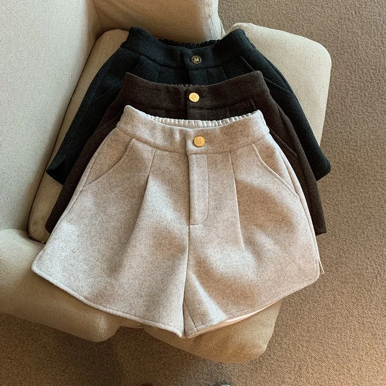 

Girls Autumn Winter New Woolen Split Wide Leg Shorts Korean Version Elastic High Waisted Loose Straight Casual Boots And Pants