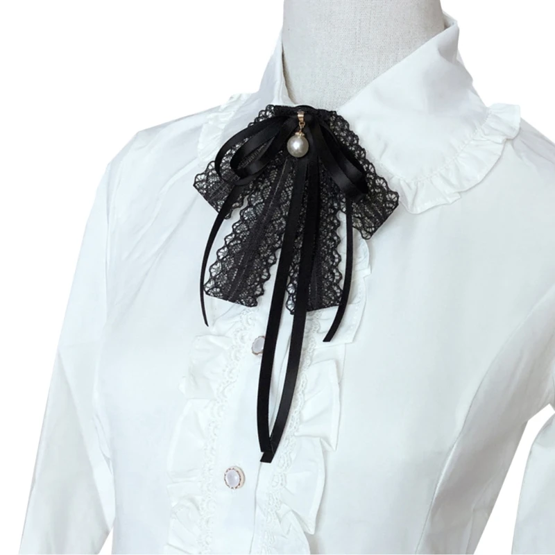 

Pearl Pendant Lace Ribbon Pre-Tied Bowtie Brooch Pin Women Corsage Shirt Jabot Collar JK Uniform Bowknot Necktie Clip