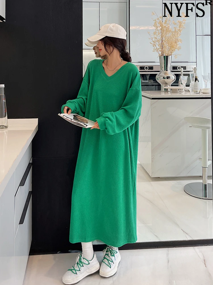 

NYFS 2023 Autumn New Korea Woman Dress Vestidos Robe Elbise Loose Plus Szie Solid V-neck Long Sleeve Long Dresses