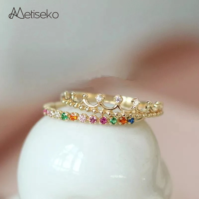 

Metiseko 925 Sterling Silver Plated 14K Gold Ring Colourful Cubic Zirconia Crown Shape Wedding Ring Exquisite Simple for Women