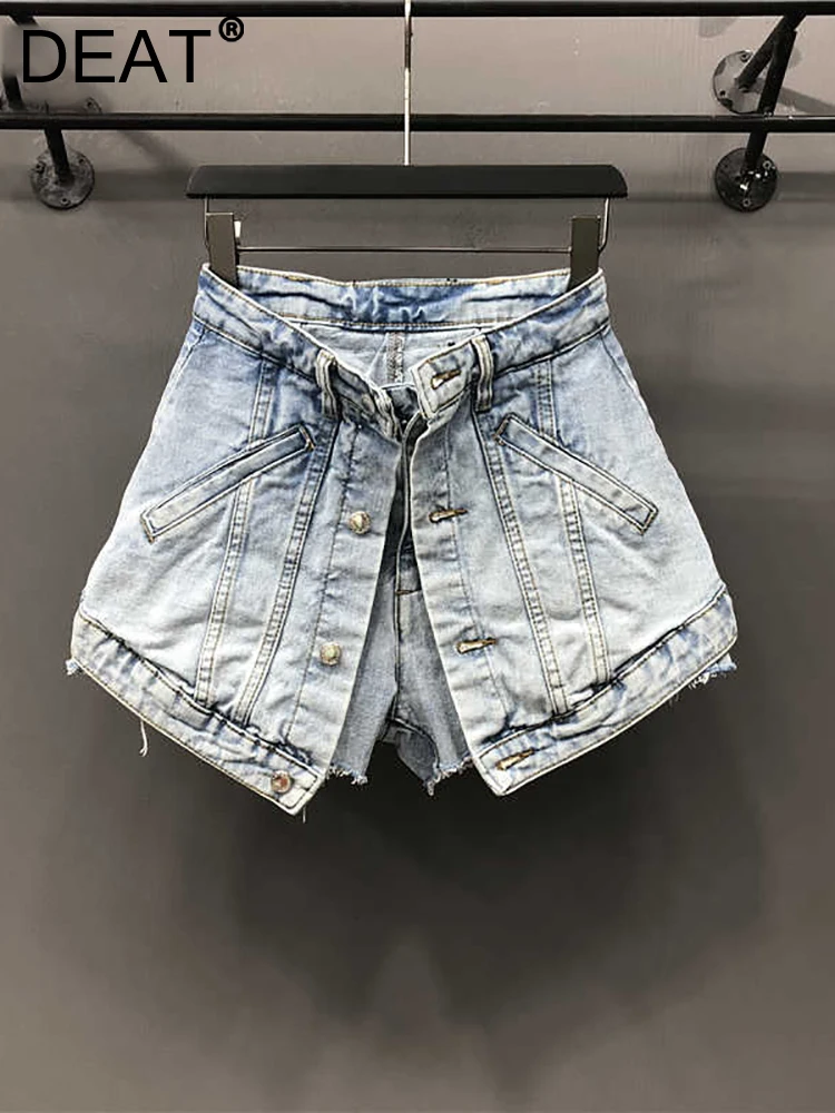 Женские джинсовые шорты с завышенной талией DEAT однотонные трапециевидные