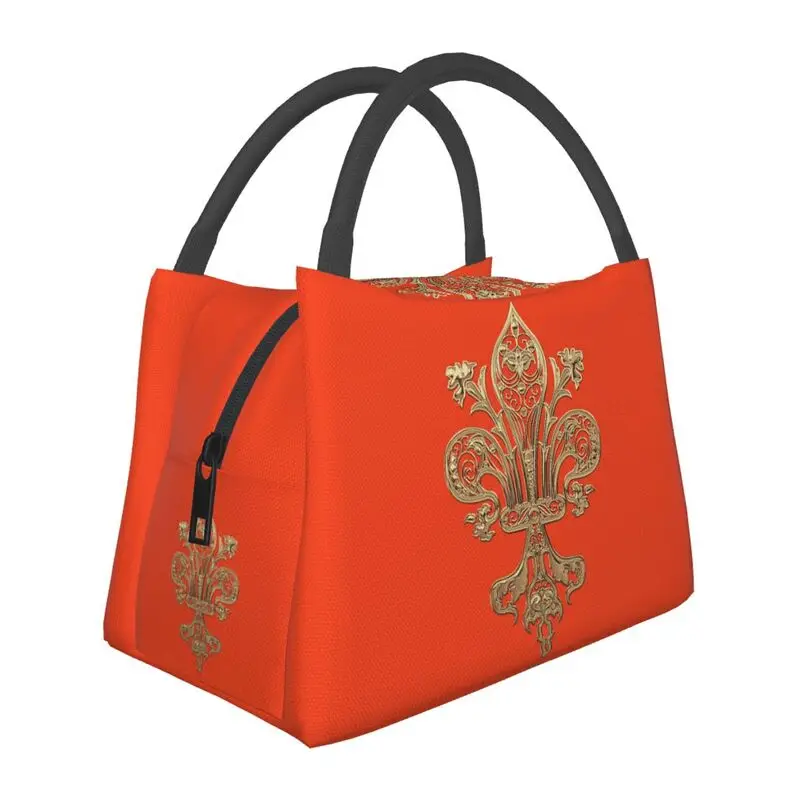 

Gold Filigree Fleur De Lis Thermal Insulated Lunch Bag Fleur-De-Lys Lily Lunch Tote for Office Outdoor Storage Meal Food Box