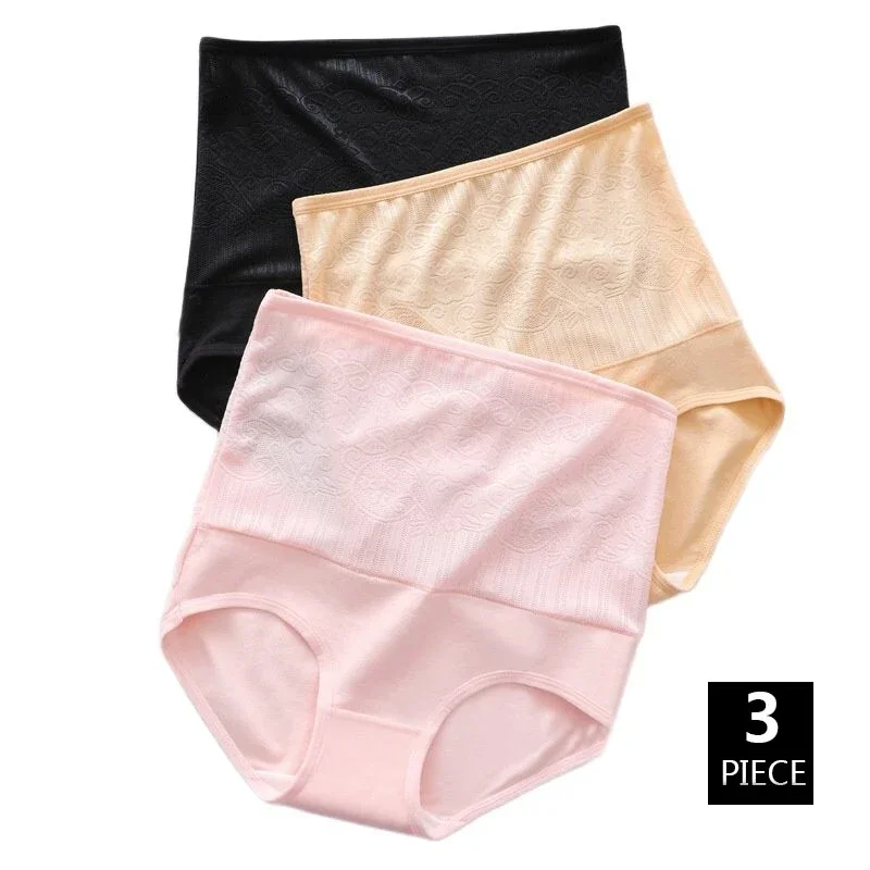 

3PCS Women Cotton High Waist Underwear 3XL Large Size Sexy Lace Female Panties Shapewear Abdomen Hips Slimming Elasticity Breifs