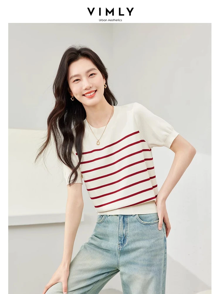 

Vimly Contrast Striped Round Neck Knitted T-shirt 2024 Summer Short Sleeve Knit Pullovers High Strecth Knit Womens Tops 72968