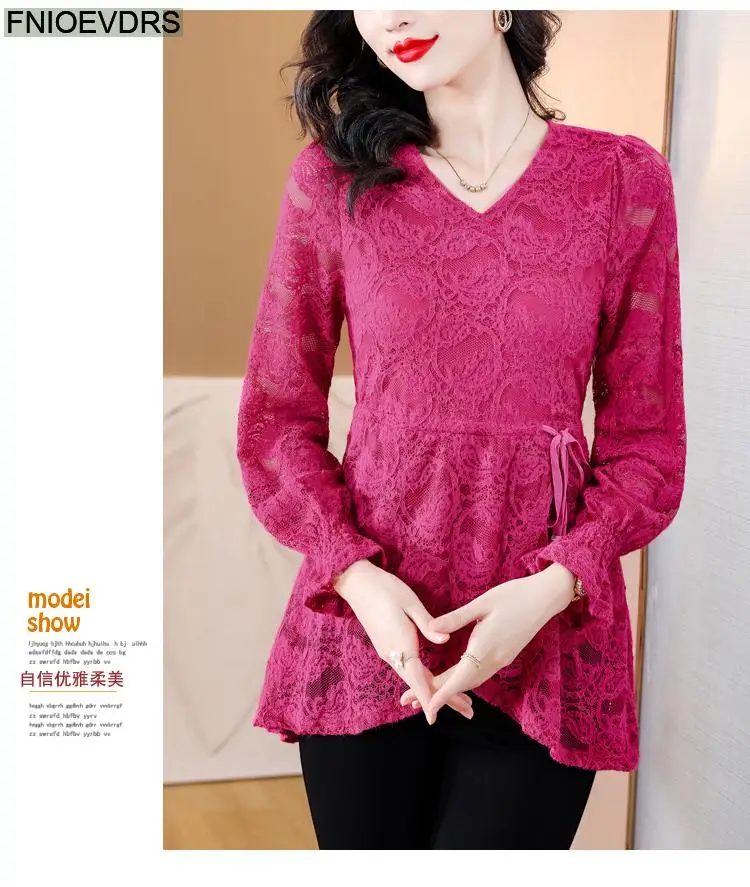 M-4XL Hollow Out Lace Shirts2023 Women European Style Office Lady Drawstring Waist Bow Tie Thick Winter Tunic Peplum Top Blouses M-4XL Hollow Out Lace Shirts2023 Women European Style Office Lady Drawstring Waist Bow Tie Thick Winter Tunic Peplum Top Blouses