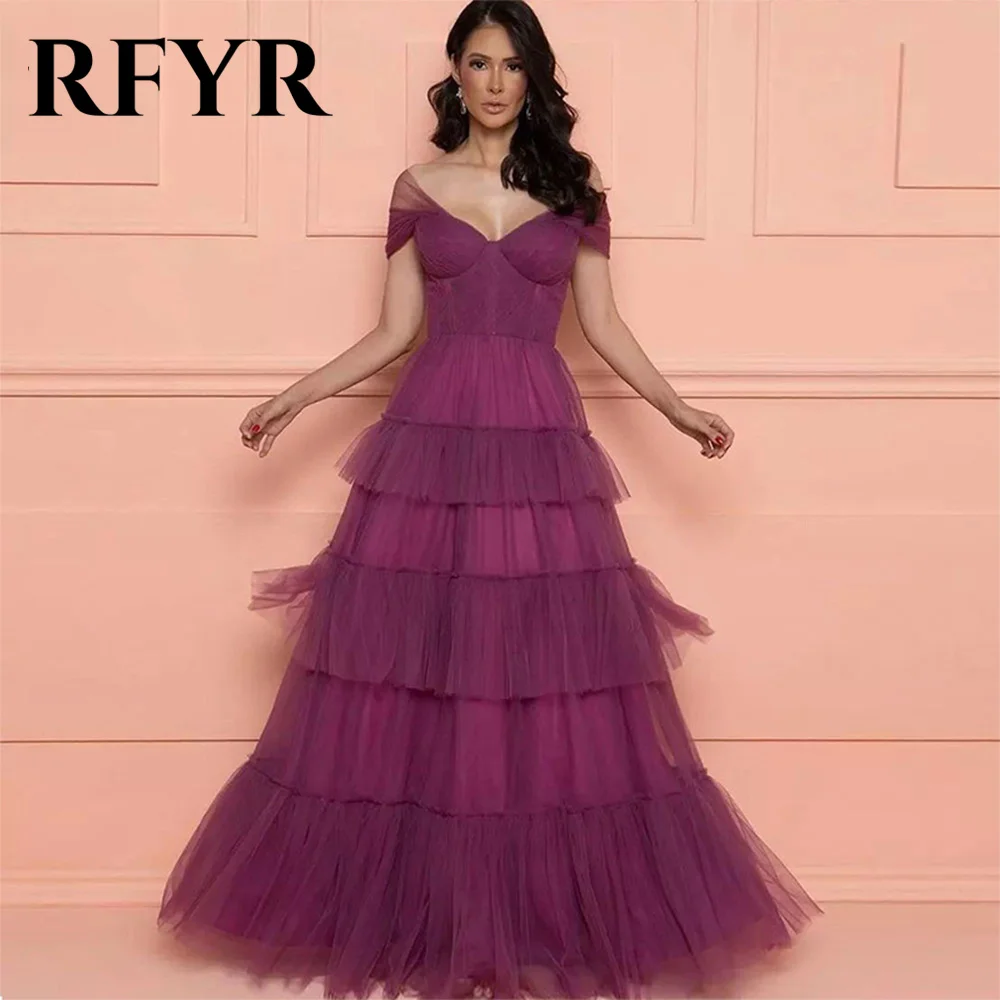 

RFYR Sweetheart Layered Tulle Prom Dress Off The Shoulder A-line Evening Dress With Pleats Party Dress Floor Length 프롬드레스