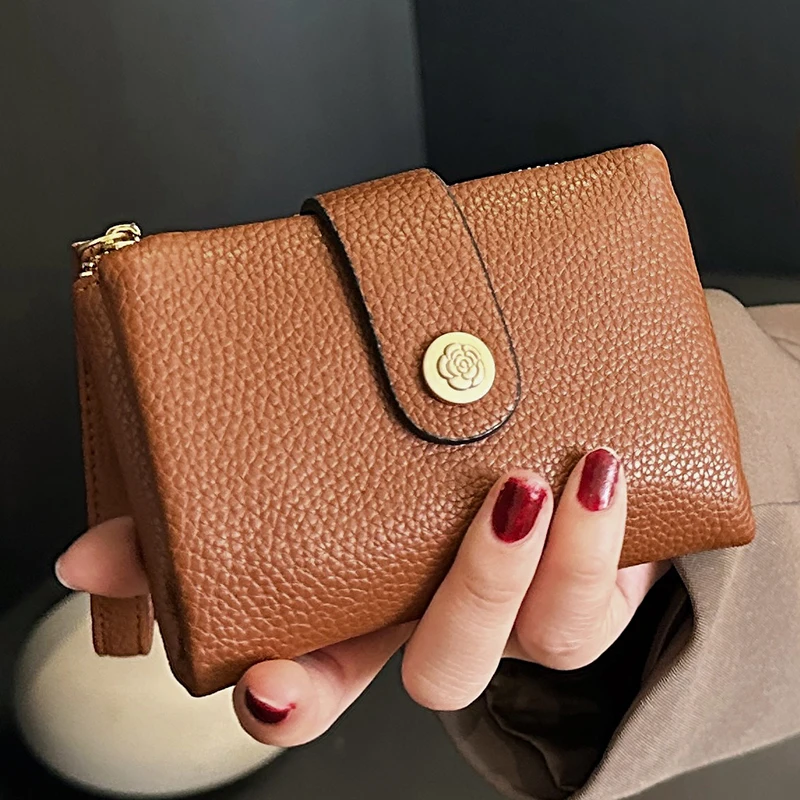 

Female Brown Retro Purse Aesthetic Lychee Pattern Pu Leather Women's Small Change Wallets Delicate Short Fold Wallet for Ladies