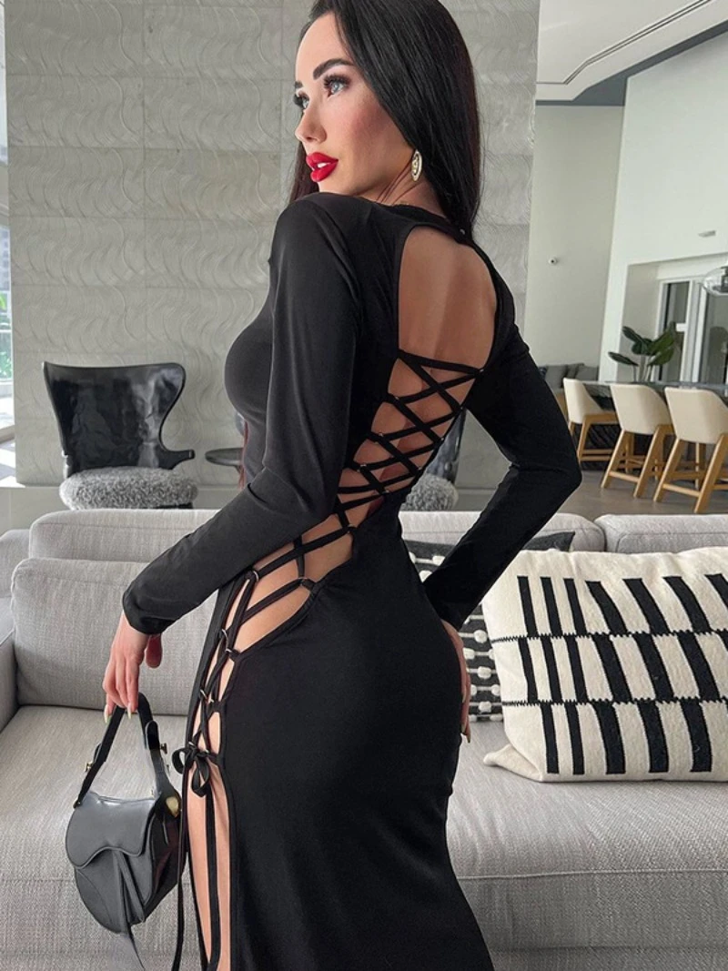 

2024 Spring Elegant O-neck High Slit Bandage Black Long Dresses Womens High Waist Bodycon Tunics Backless Party Evening Dress