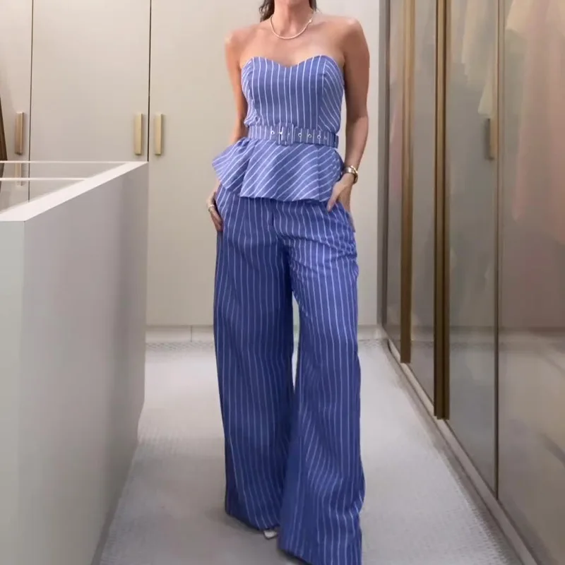 Two Piece Set Women Strapless Tops Sleeveless High Waist Striped Splice Wide Leg Trousers Belt Casual Loose Fit Spring
Two Piece Set Women Strapless Tops Sleeveless High Waist Striped Splice Wide Leg Trousers Belt Casual Loose Fit Spring