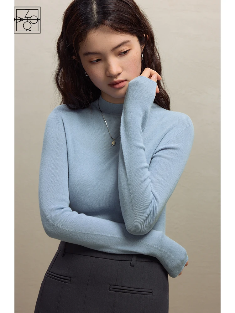 

ZIQIAO Simple Style Seamless One-piece Half Turtleneck All-wool Sweater for Women Winter Newly All-match Bottoming Shirt Female