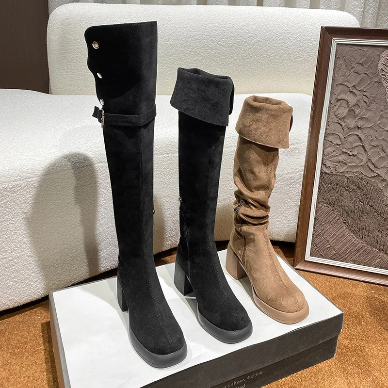 

Over Knee Boots Long Boots Women Boots Winter High Tube Long Tube Thick Soled Lambswoosh Elastic Thick Heel Pile Up Boots 41-151