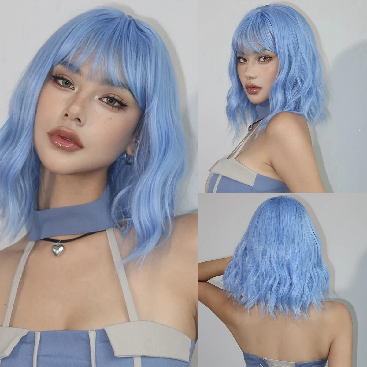 

Небесно-голубые синтетические волосы парики с пушистой челкой короткие вьющиеся волнистые волосы боб парик для женщин натуральные термостойкие косплей Лолита