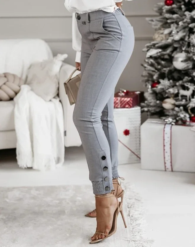 

Women's Winter Pants Fashion High Waist Piping Buttoned Cuffed Pants Casual Long Skinny Trousers Y2k Ladies Basics 2024 Spring
