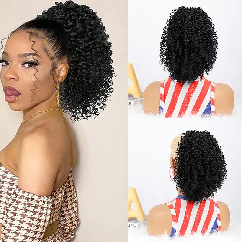 

Short Drawstring Ponytail Afro Kinky Curly Ponytail Hair Extension for Women Synthetic Fluffy Ombre Black Blonde Pony Tail Hair