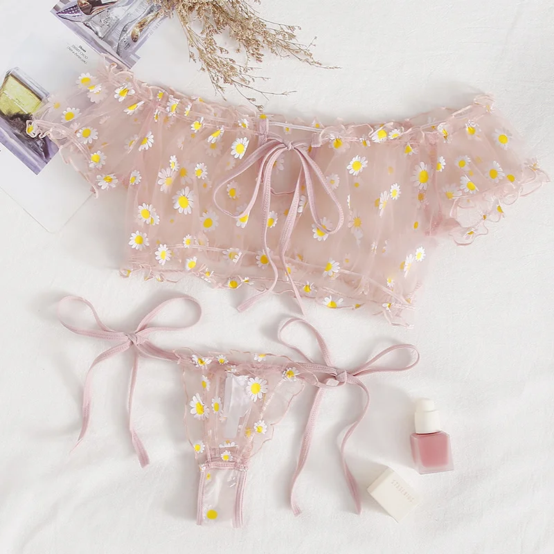 

Sensual Lingerie Woman Lace Transparent Underwear Shoulder pajam Fairy Embroidery Brief Sets Delicate Bra Kit Push Up Breves Set