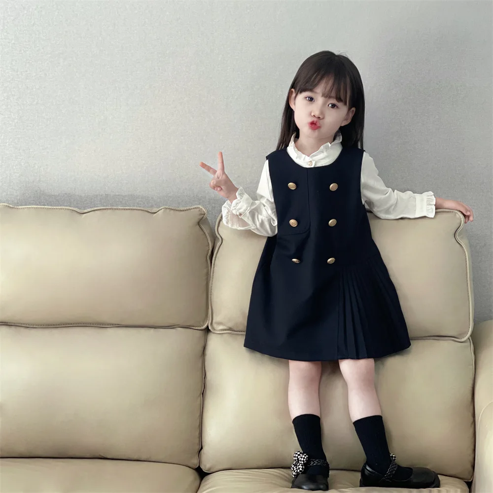 

2024 Spring New Wear Girls' Academy Dress Korean Edition Small And Medium School Children's Western Style Shirt Skirt Two Piece