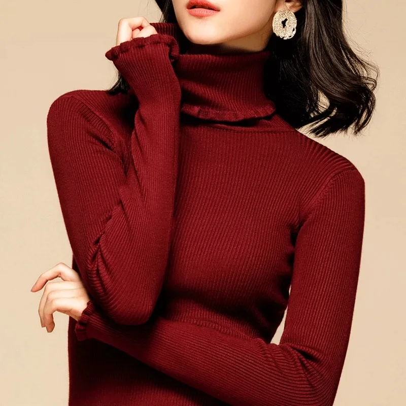 

2024 Autumn Winter Large Size Sweater Pullover Women's Clothing Knitwear Ruffled Turtleneck Slim Knit Sweaters Lady Tops BC200